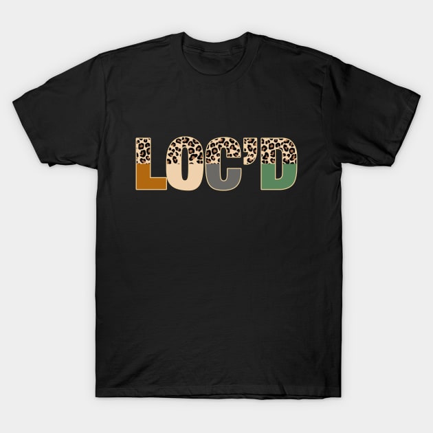 Black t-shirt with "LOC'D" text in multicolor and leopard print design, casual cotton wear for daily use.