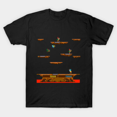 Black cotton t-shirt with retro video game design, featuring colorful characters and platforms.