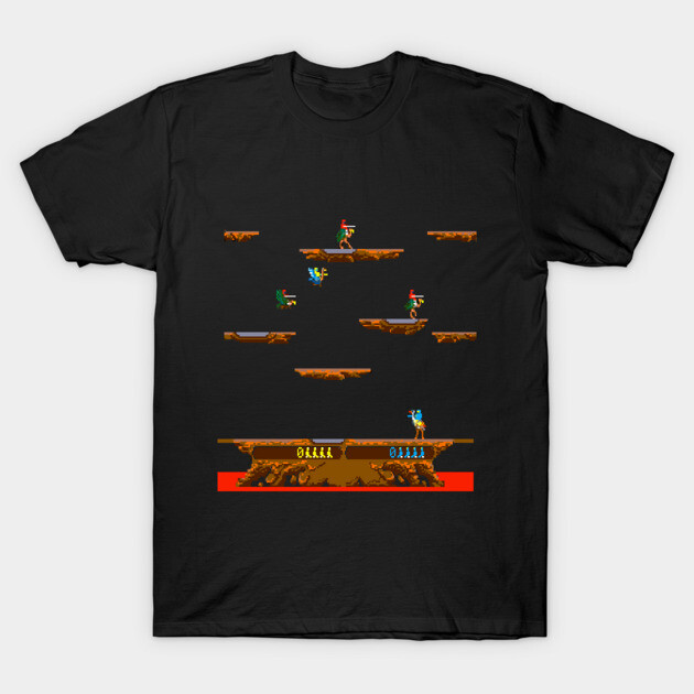 Black cotton t-shirt with retro video game design, featuring colorful characters and platforms.