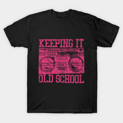 Black t-shirt with pink "Keeping It Old School" boombox design, casual retro style, cotton material.