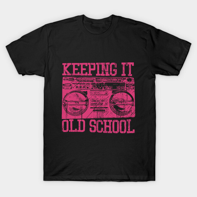 Black t-shirt with pink "Keeping It Old School" boombox design, casual retro style, cotton material.