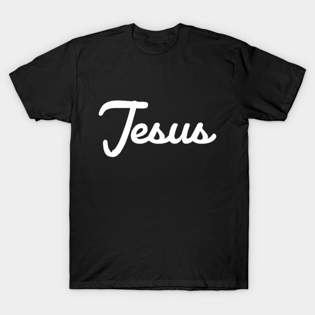 Black cotton T-shirt with "Jesus" in white script, casual style, perfect for everyday wear.