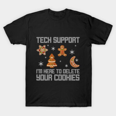 Black tech support themed t-shirt with festive cookie design, ideal for casual wear or gifting.