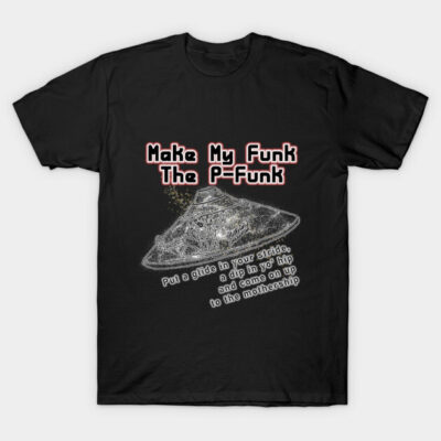 Black graphic t-shirt with UFO design and funky slogan, perfect for casual wear and music lovers. Cotton material.