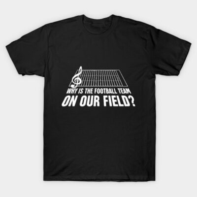 Black cotton t-shirt with musical field graphic and humorous text design, perfect for casual wear or music enthusiasts.