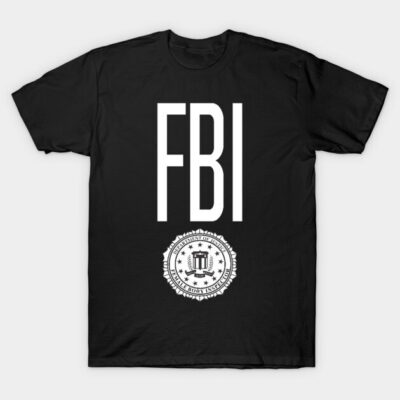 Black FBI logo T-shirt, unisex cotton, casual wear, bold white lettering, comfortable fit, ideal for everyday style.
