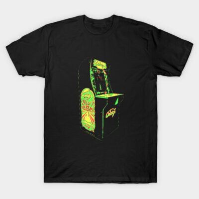 Black t-shirt featuring a colorful retro arcade machine graphic, perfect for gaming enthusiasts and casual wear.