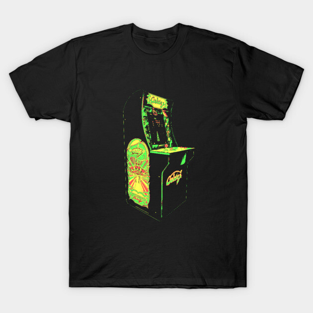 Black t-shirt featuring a colorful retro arcade machine graphic, perfect for gaming enthusiasts and casual wear.
