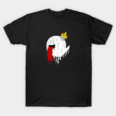 Black t-shirt featuring a graphic of a melting ghost with a crown, red and white accents; casual style, cotton material.