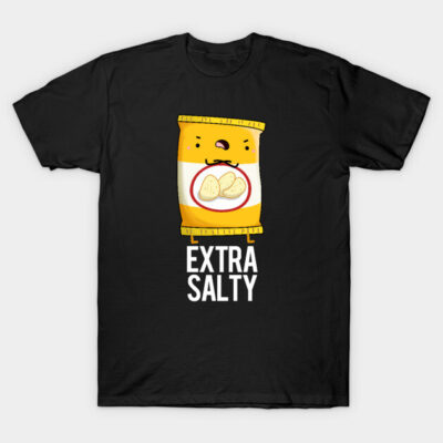 Black t-shirt with cartoon chip can design and "Extra Salty" text, casual style, cotton material.