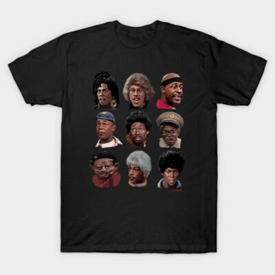 Black t-shirt with colorful illustrated faces, casual style, soft cotton material, perfect for everyday wear.