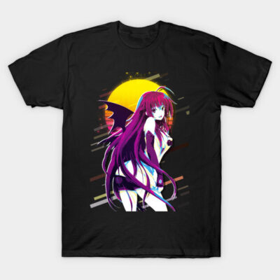 Black graphic T-shirt featuring vibrant anime-inspired design with colorful character and sunset background.