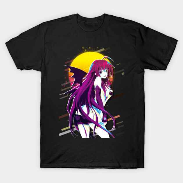 Black graphic T-shirt featuring vibrant anime-inspired design with colorful character and sunset background.