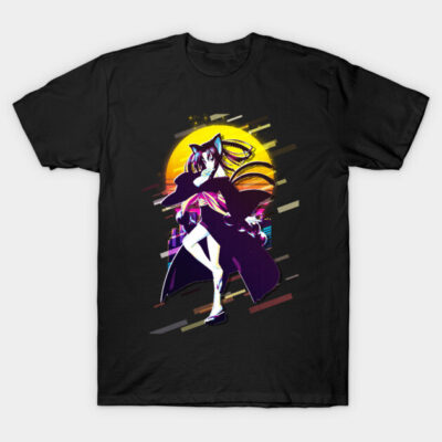 Black t-shirt with vibrant anime character design, neon colors, casual wear, 100% cotton, unisex style.