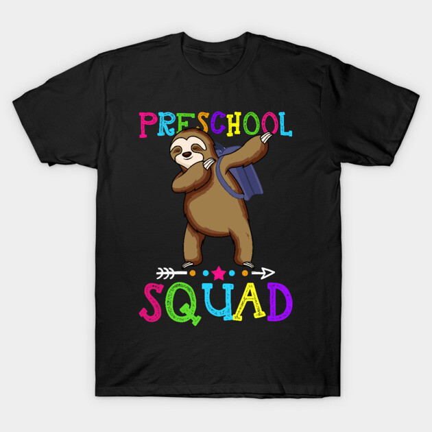 Black t-shirt with colorful "Preschool Squad" text and dabbing sloth graphic, perfect for kids' casual wear.