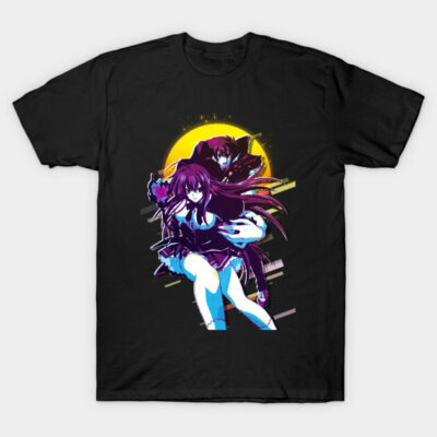 Black t-shirt with vibrant anime design featuring two characters, perfect for casual wear and anime fans.