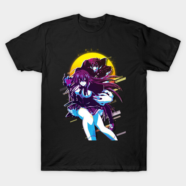 Black t-shirt with vibrant anime design featuring two characters, perfect for casual wear and anime fans.