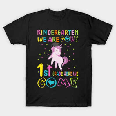 Black kids' t-shirt with colorful "Kindergarten We Are Done, 1st Grade Here We Come" unicorn design.