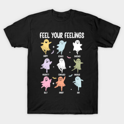 Black "Feel Your Feelings" T-shirt featuring colorful cartoon ghosts representing different emotions, casual style.