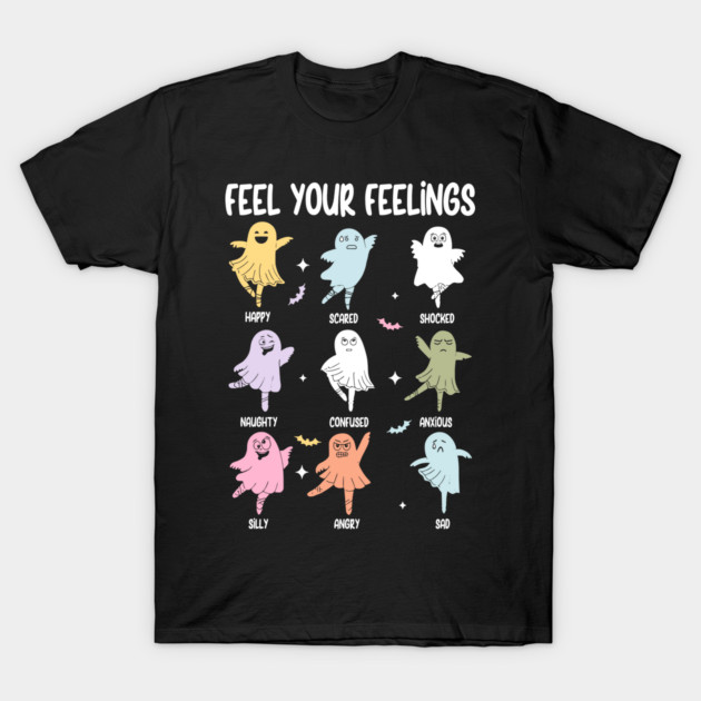 Black "Feel Your Feelings" T-shirt featuring colorful cartoon ghosts representing different emotions, casual style.