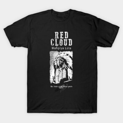 Black graphic t-shirt featuring "Red Cloud" text and a vintage illustration, perfect for casual wear.