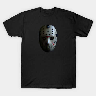 Black t-shirt featuring a hockey mask graphic, perfect for casual wear, made from soft cotton for comfort and style.