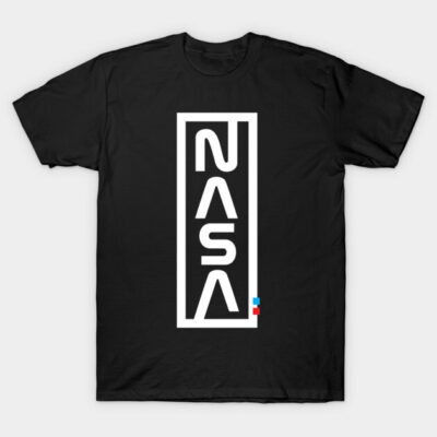 Black t-shirt with bold white NASA text, casual style, perfect for space enthusiasts, made of soft cotton material.