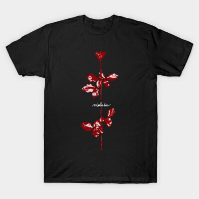 Black cotton t-shirt with red rose graphic and "violator" text, casual style for everyday wear.