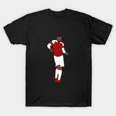 Black t-shirt featuring soccer player graphic in red and white uniform, casual sportswear for fans.