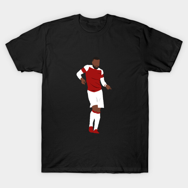 Black t-shirt featuring soccer player graphic in red and white uniform, casual sportswear for fans.