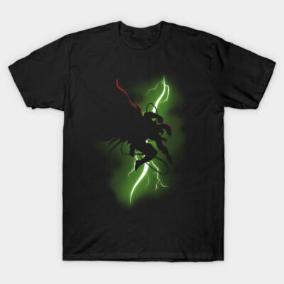 Black t-shirt with neon green lightning and silhouette graphic, casual style, cotton material, ideal for everyday wear.