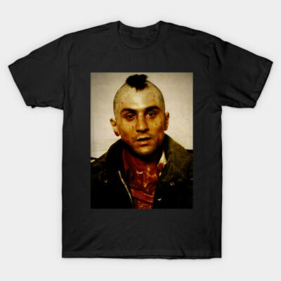 "Black graphic t-shirt featuring vintage-style portrait print, casual and comfortable cotton material, unisex design."
