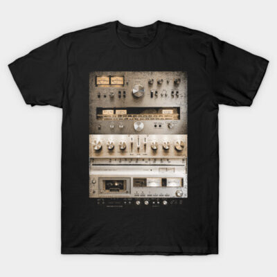Black vintage stereo graphic T-shirt, cotton material, casual style, perfect for music enthusiasts.