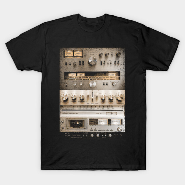 Black vintage stereo graphic T-shirt, cotton material, casual style, perfect for music enthusiasts.