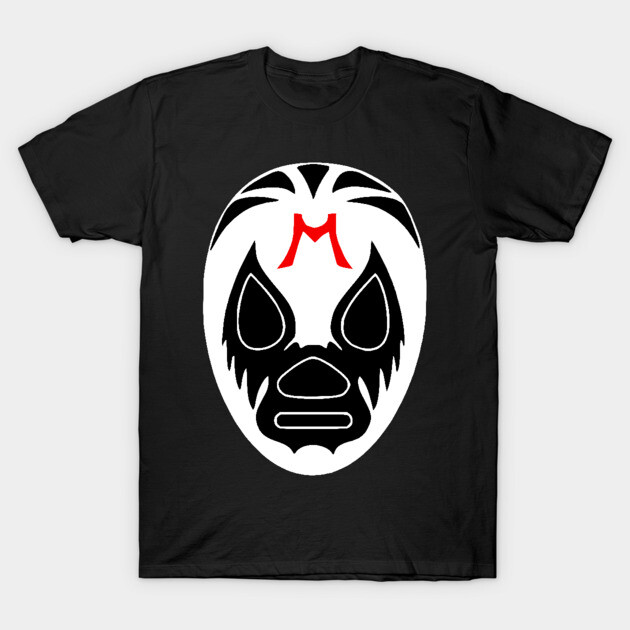 Black t-shirt featuring a bold white and black mask design with a red "M" accent, perfect for casual wear.