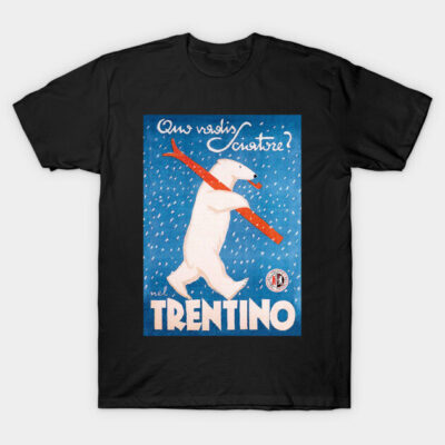Black T-shirt with vintage Trentino skiing poster design, featuring a polar bear and snowflakes. Ideal for casual wear.
