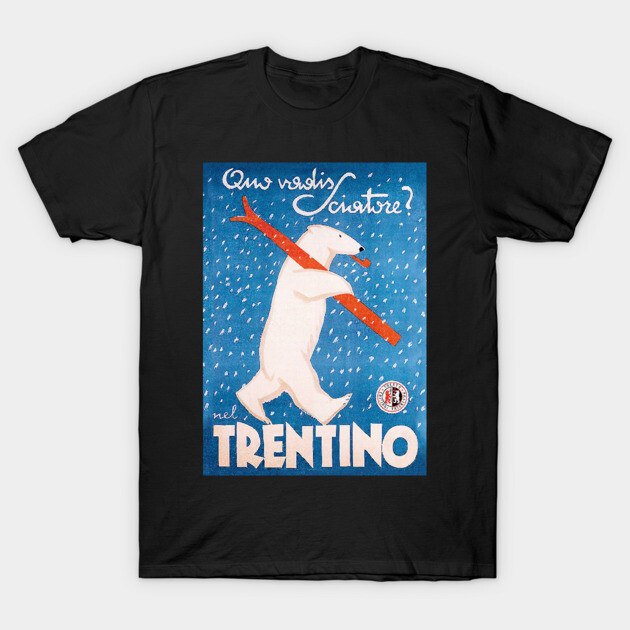 Black T-shirt with vintage Trentino skiing poster design, featuring a polar bear and snowflakes. Ideal for casual wear.