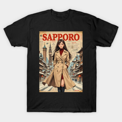 Black t-shirt featuring Sapporo cityscape design with stylish woman in trench coat, casual wear, cotton blend material.