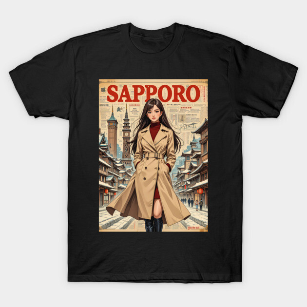 Black t-shirt featuring Sapporo cityscape design with stylish woman in trench coat, casual wear, cotton blend material.