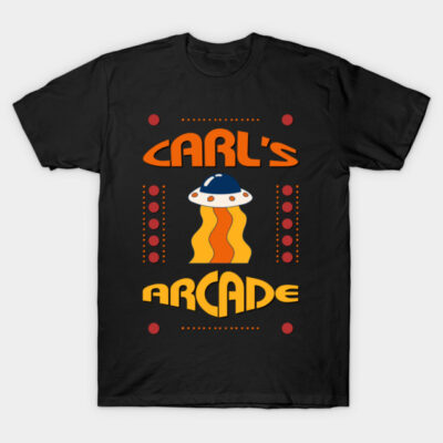 Black t-shirt with retro arcade graphic design, featuring bold orange text and colorful UFO illustration.
