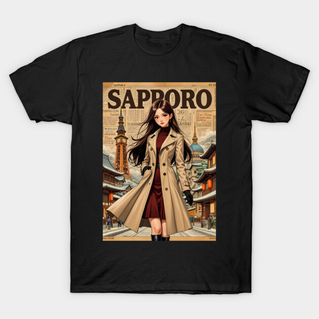 Black t-shirt featuring a stylish Sapporo-themed graphic with a trench coat design, perfect for casual wear.