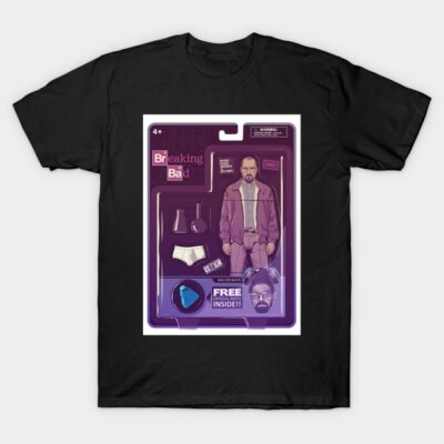 Black graphic t-shirt with retro action figure design, featuring purple accents, ideal for TV show fans, cotton material.