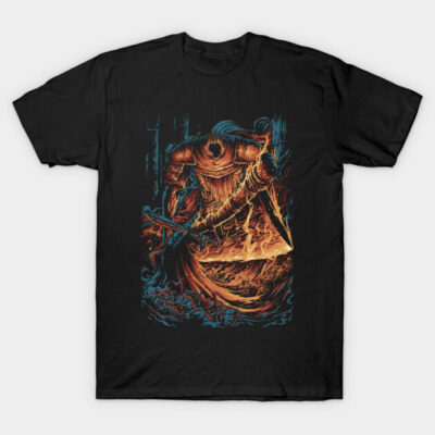 Black graphic t-shirt with fiery medieval knight illustration, perfect for casual wear, made from 100% cotton.