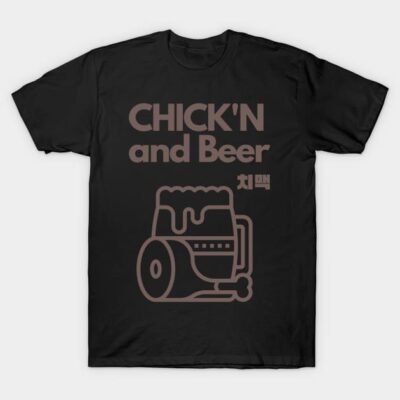 Black "Chick'n and Beer" graphic t-shirt, casual style, soft cotton, for everyday wear.