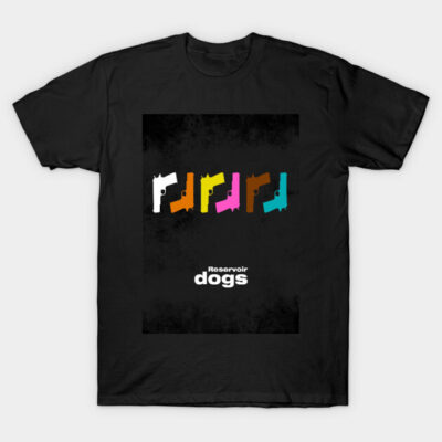Black T-shirt featuring colorful gun graphics and "Reservoir Dogs" text, casual style, cotton material.