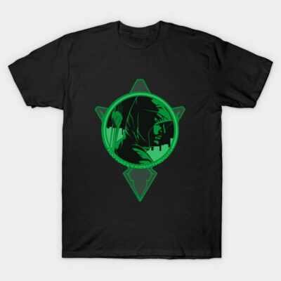 Black graphic t-shirt with green geometric design, ideal for casual wear, made from 100% cotton.