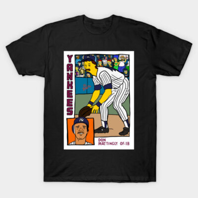 Black baseball-themed graphic T-shirt with vintage-style cartoon design, perfect for sports fans and casual wear.