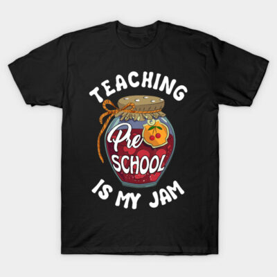 Black T-shirt with "Teaching is My Jam" design, featuring a colorful jar graphic, ideal for preschool teachers.