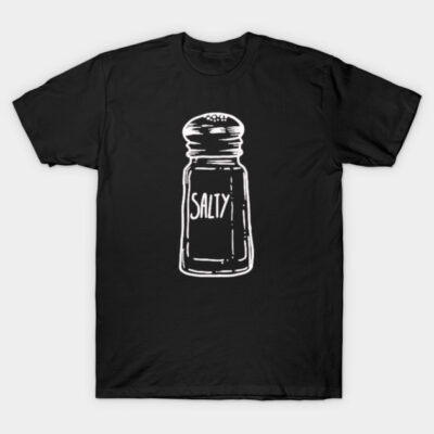 Black T-shirt with white salt shaker graphic and "Salty" text, casual style, 100% cotton, unisex design.