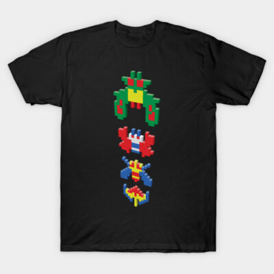Black t-shirt with colorful pixelated retro game graphics, casual style, cotton material.